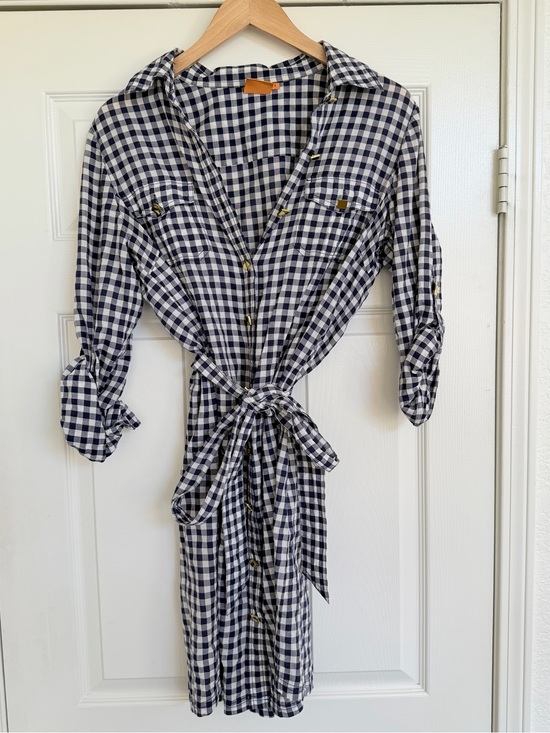 Tory Burch Dresses & Skirts - Tory Burch Navy & White Gingham Checker Tie Waist Shirt Dress Size 8